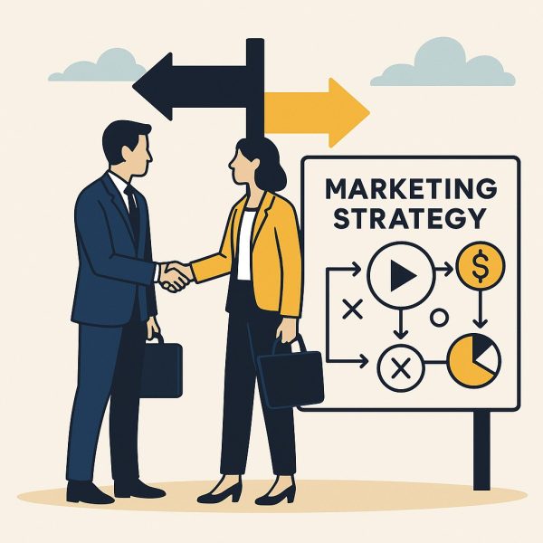 Two business professionals shaking hands in front of a marketing strategy board and directional arrows