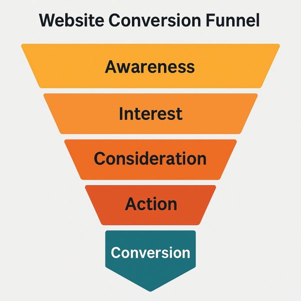 Website conversion funnel diagram showing five stages: Awareness, Interest, Consideration, Action, and Conversion.