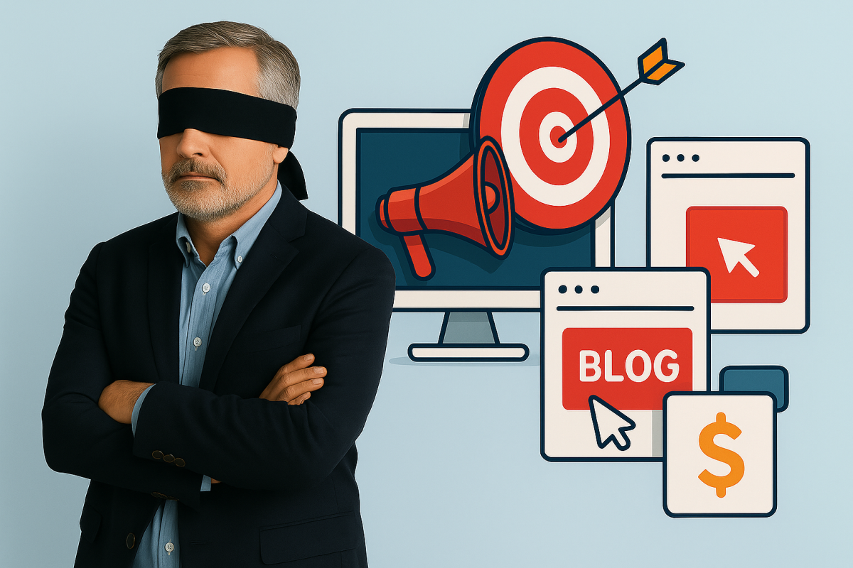 The Cost of Marketing Inaction Blindfolded businessman with his back to digital marketing tools