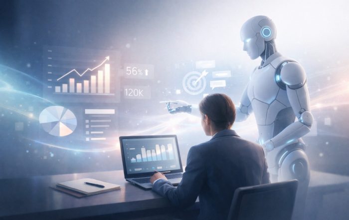 A marketing professional analyzes performance data on a laptop while an AI assistant highlights insights through floating analytics dashboards.