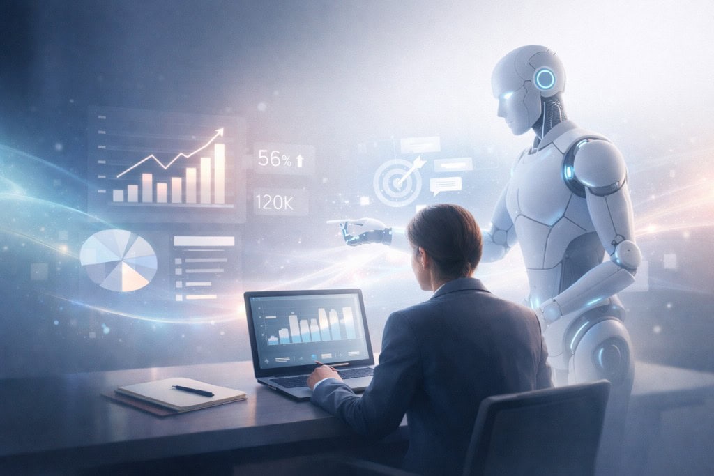 A marketing professional analyzes performance data on a laptop while an AI assistant highlights insights through floating analytics dashboards.