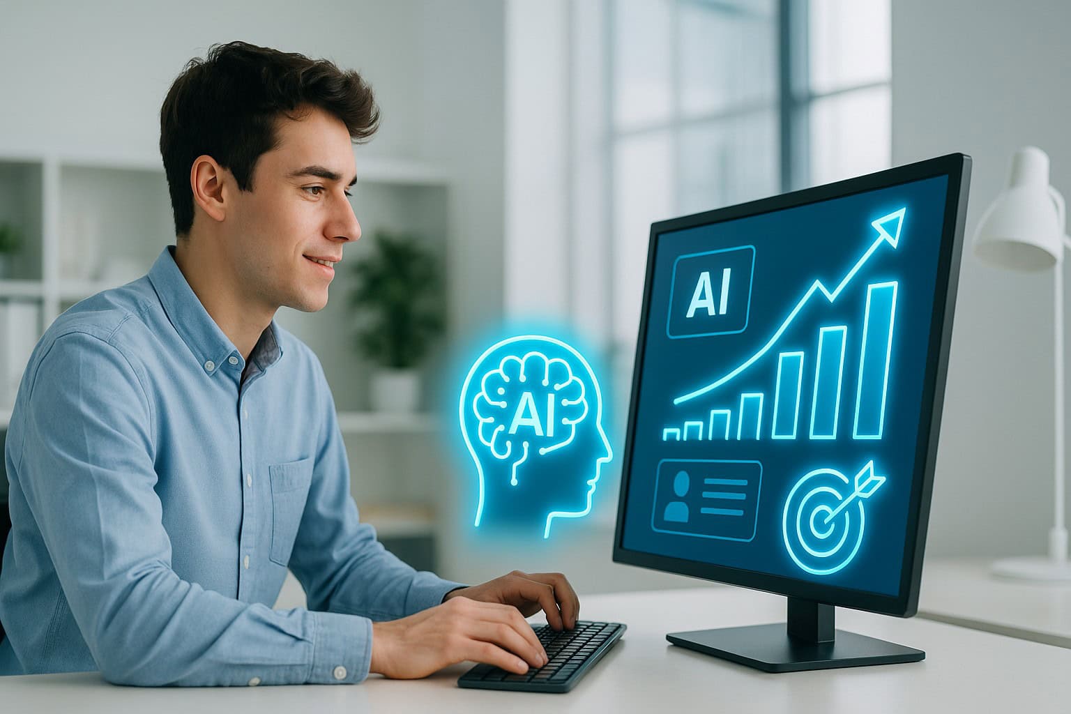 Young male marketing professional reviewing an AI-powered dashboard with glowing icons for data analysis and business growth