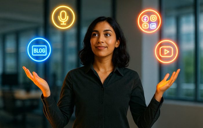 Young female digital marketer juggling glowing neon icons for blog, social media, podcast, and video platforms in a modern office setting.