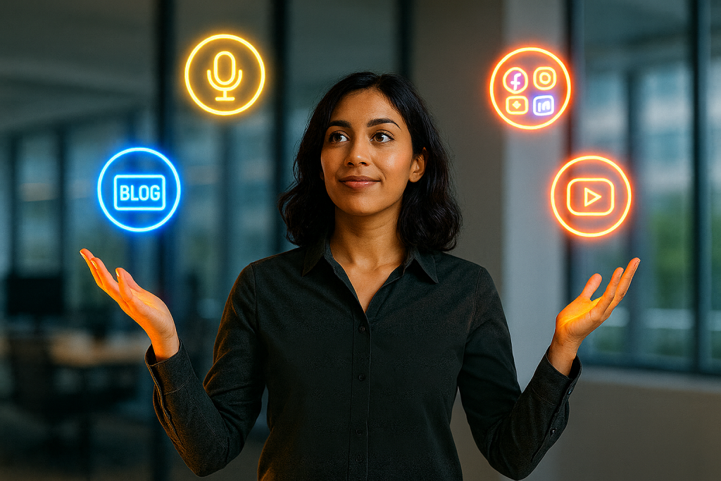 sf-content-repurposing-strategies-for-2026-1024×683 Young female digital marketer juggling glowing neon icons for blog, social media, podcast, and video platforms in a modern office setting.