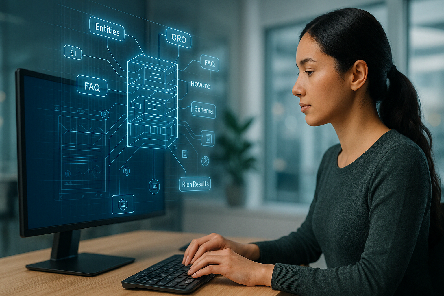 Female marketing strategist typing at a desk, reviewing a glowing 3D SEO content blueprint with labeled data blocks and schema elements