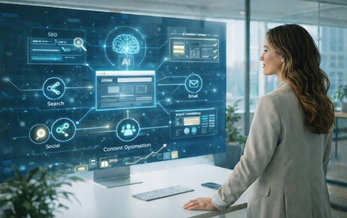 A modern female marketer reviews an AI-powered digital marketing dashboard in a bright office, with visual elements representing SEO, content optimization, brand consistency, and multi-channel performance.