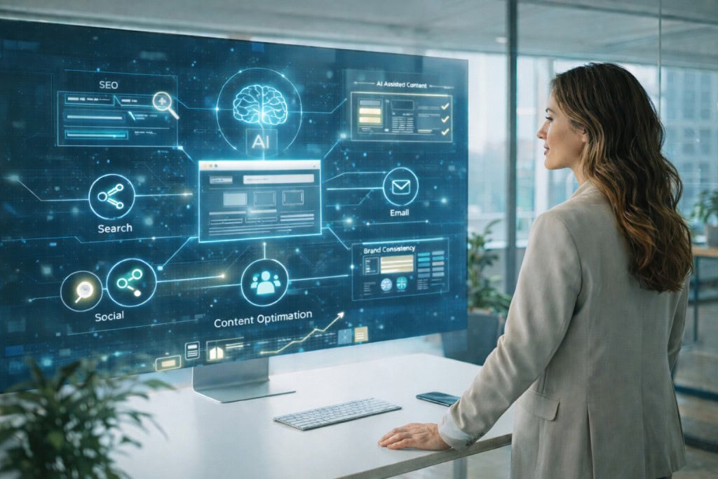A modern female marketer reviews an AI-powered digital marketing dashboard in a bright office, with visual elements representing SEO, content optimization, brand consistency, and multi-channel performance.
