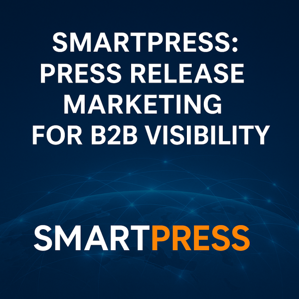 B2B Press Release Marketing visual by SmartPress showing digital connectivity, media visibility, and global distribution for SmartFinds Marketing clients.