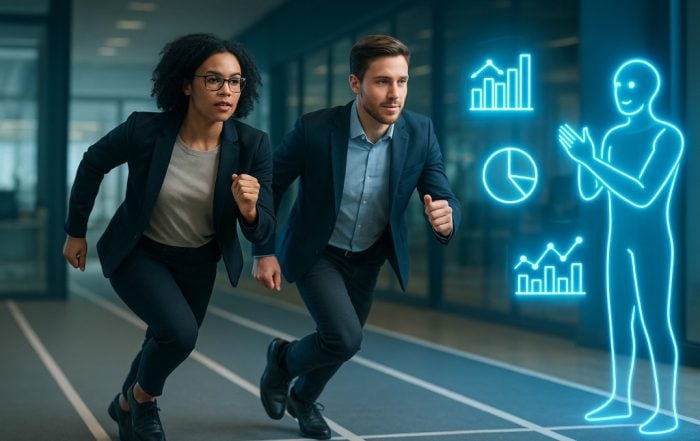 Two digital marketing professionals sprint side by side on glowing office tracks, with a futuristic AI figure cheering from the sidelines and holographic analytics floating behind them