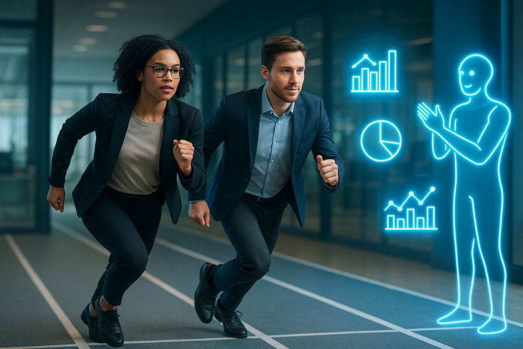 Two digital marketing professionals sprint side by side on glowing office tracks, with a futuristic AI figure cheering from the sidelines and holographic analytics floating behind them