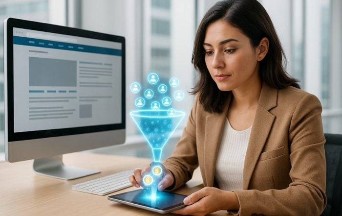 A digital marketing professional analyzes a glowing funnel visualization converting website traffic into revenue, with a desktop screen displaying a website nearby.