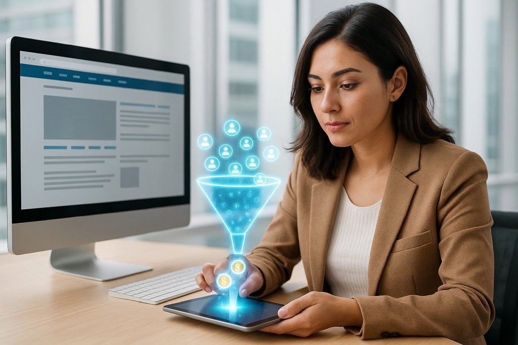 A digital marketing professional analyzes a glowing funnel visualization converting website traffic into revenue, with a desktop screen displaying a website nearby.
