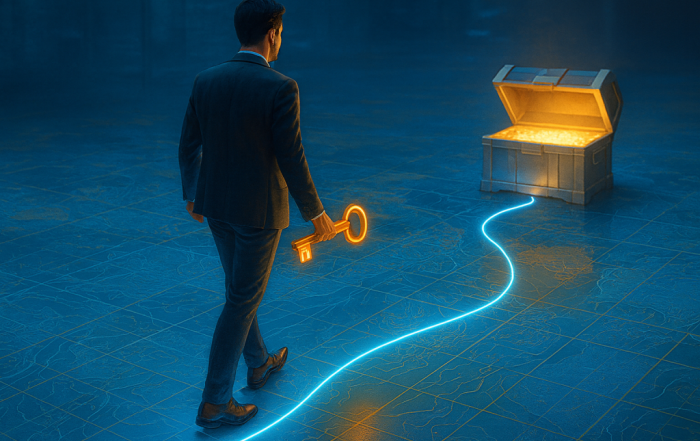 A business professional walks along a glowing neon-blue path on a digital map floor, holding a golden key toward a treasure chest emitting warm light, symbolizing unlocking growth opportunities.