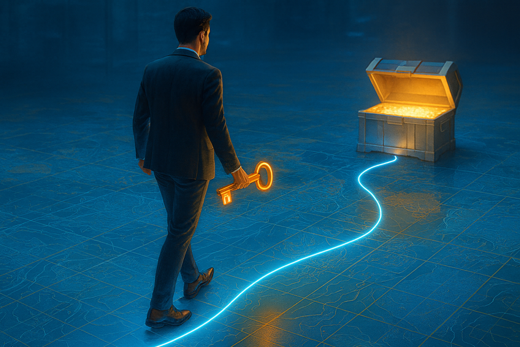 Customer Journey Map Path to Growth A business professional walks along a glowing neon-blue path on a digital map floor, holding a golden key toward a treasure chest emitting warm light, symbolizing unlocking growth opportunities.