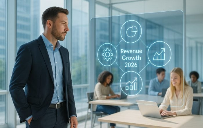 A business executive in a modern glass office examines a holographic display showing “Revenue Growth 2026” with marketing, sales, and analytics icons, while a diverse team works in the background.