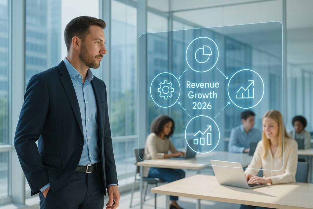 A business executive in a modern glass office examines a holographic display showing “Revenue Growth 2026” with marketing, sales, and analytics icons, while a diverse team works in the background.