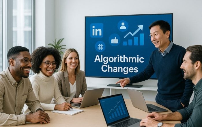 A diverse group of marketing professionals in a bright modern office discussing LinkedIn algorithmic changes, with a presenter pointing at a screen displaying “Algorithmic Changes.”