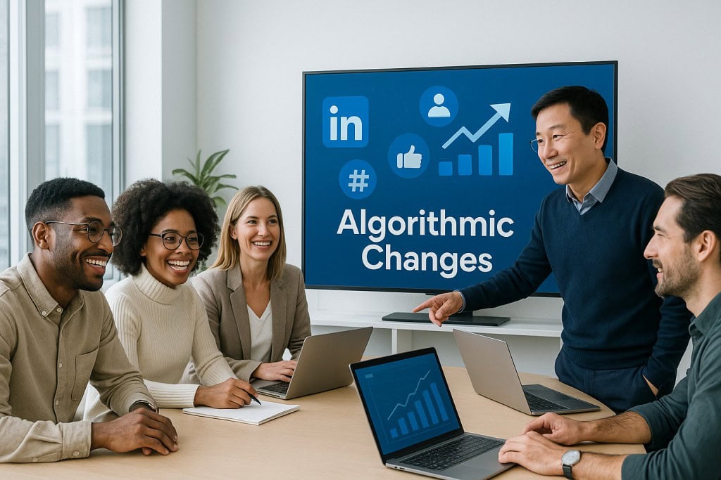 A diverse group of marketing professionals in a bright modern office discussing LinkedIn algorithmic changes, with a presenter pointing at a screen displaying “Algorithmic Changes.”