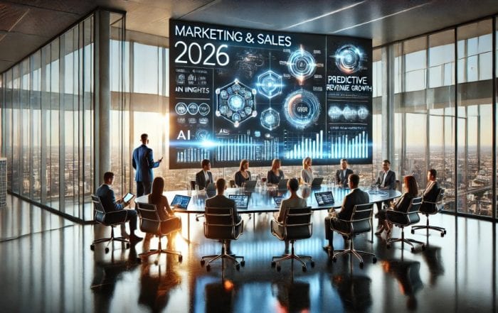 CEO presenting future-focused marketing strategy to executive team in modern boardroom with digital screen displaying AI-driven insights and analytics.