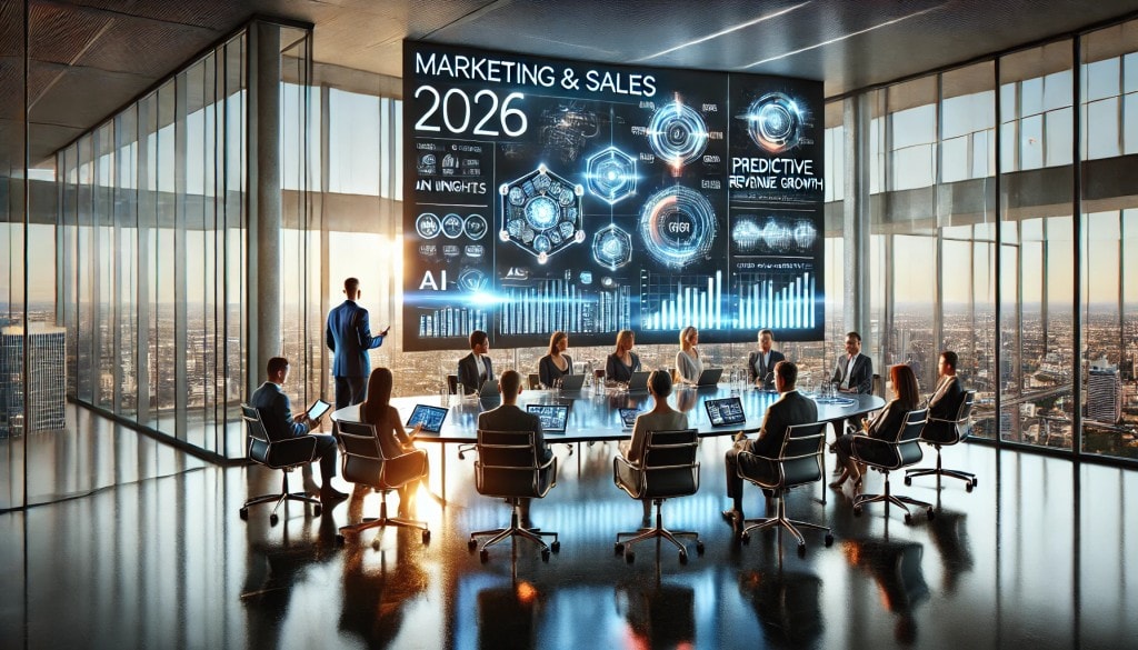 sf-marketing-and-sales-in-2026-1024×585 CEO presenting future-focused marketing strategy to executive team in modern boardroom with digital screen displaying AI-driven insights and analytics.