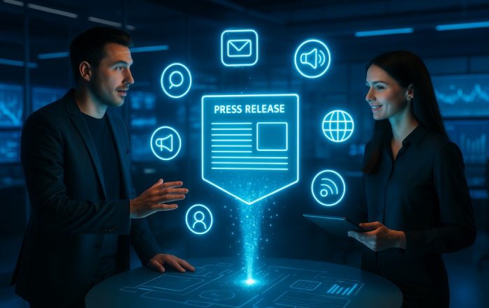 Two digital marketers monitor a press release launch in a futuristic control room with glowing dashboards and a central rocket icon display.