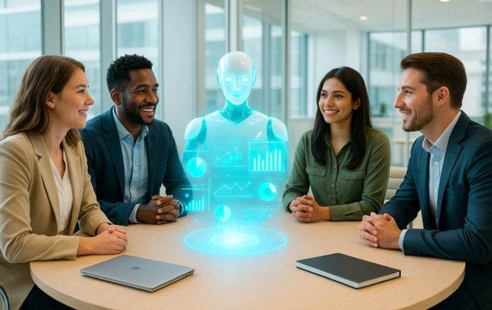 Four diverse digital marketers sit around a circular table with a glowing AI assistant projecting data charts in a bright, modern office.