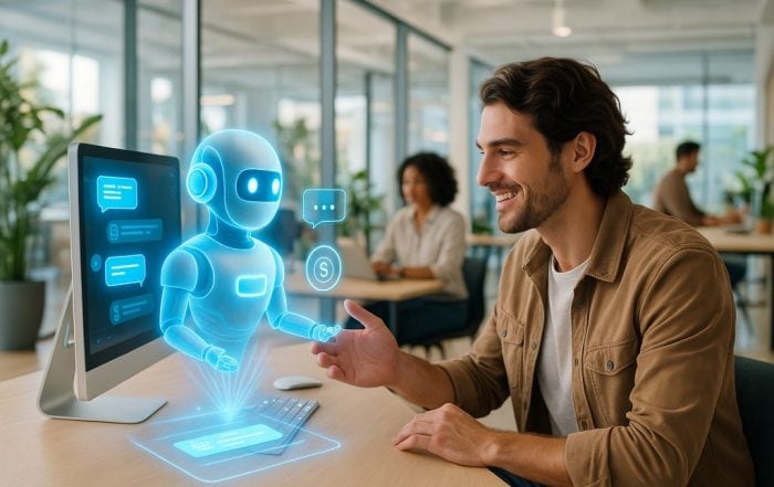 A marketing professional in a bright modern office smiles while interacting with a holographic AI chatbot projected from his computer screen, symbolizing automated B2B sales assistance.