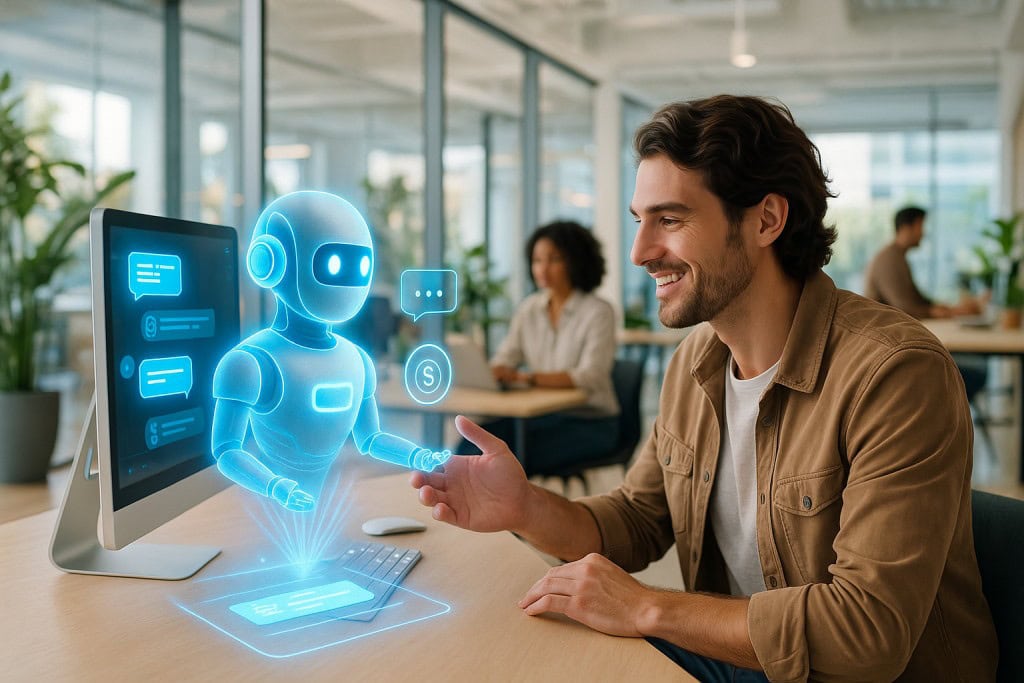A marketing professional in a bright modern office smiles while interacting with a holographic AI chatbot projected from his computer screen, symbolizing automated B2B sales assistance.