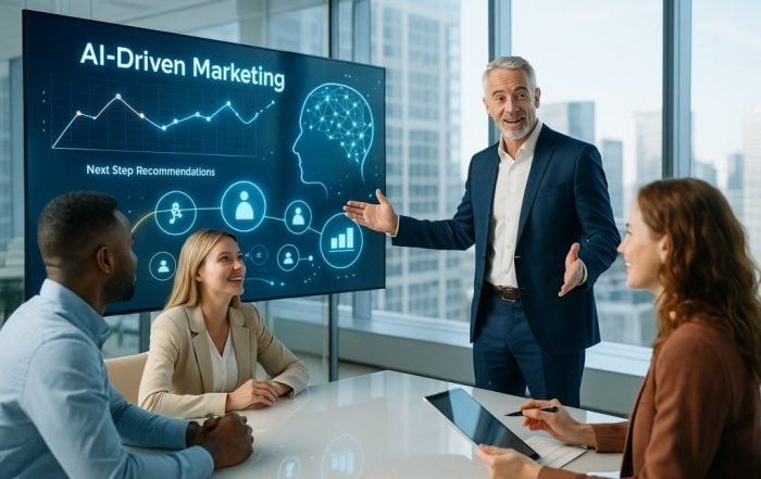 A diverse group of business professionals in a bright modern office discusses AI-driven marketing strategy while a presenter gestures toward a large digital screen displaying analytics and an AI head graphic.