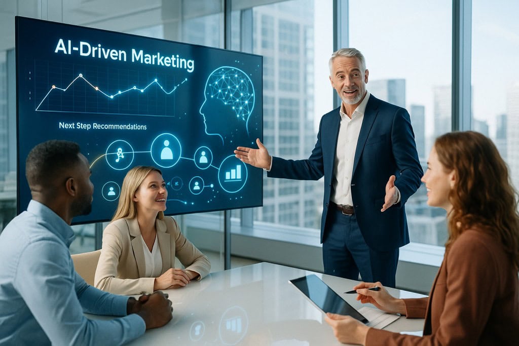 A diverse group of business professionals in a bright modern office discusses AI-driven marketing strategy while a presenter gestures toward a large digital screen displaying analytics and an AI head graphic.