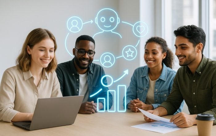 Four diverse digital marketers engage with a glowing AI-powered customer journey interface in a bright modern office setting.