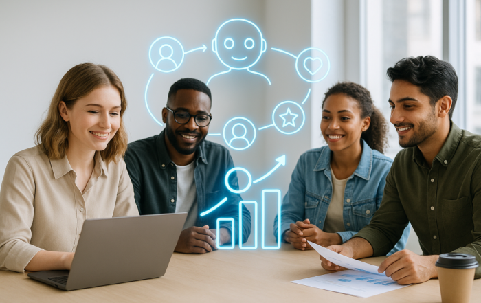Four diverse digital marketers engage with a glowing AI-powered customer journey interface in a bright modern office setting.