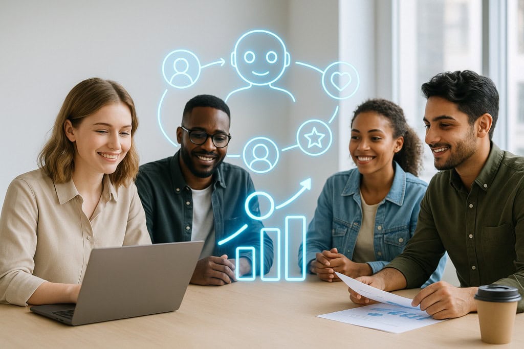Four diverse digital marketers engage with a glowing AI-powered customer journey interface in a bright modern office setting.
