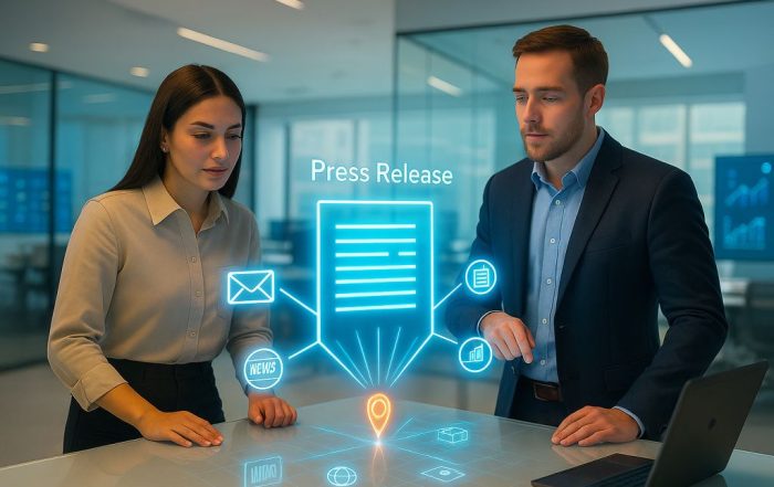 Two digital marketing professionals analyze a glowing press release interface in a bright, modern office, highlighting SmartPress distribution channels and visibility tools.