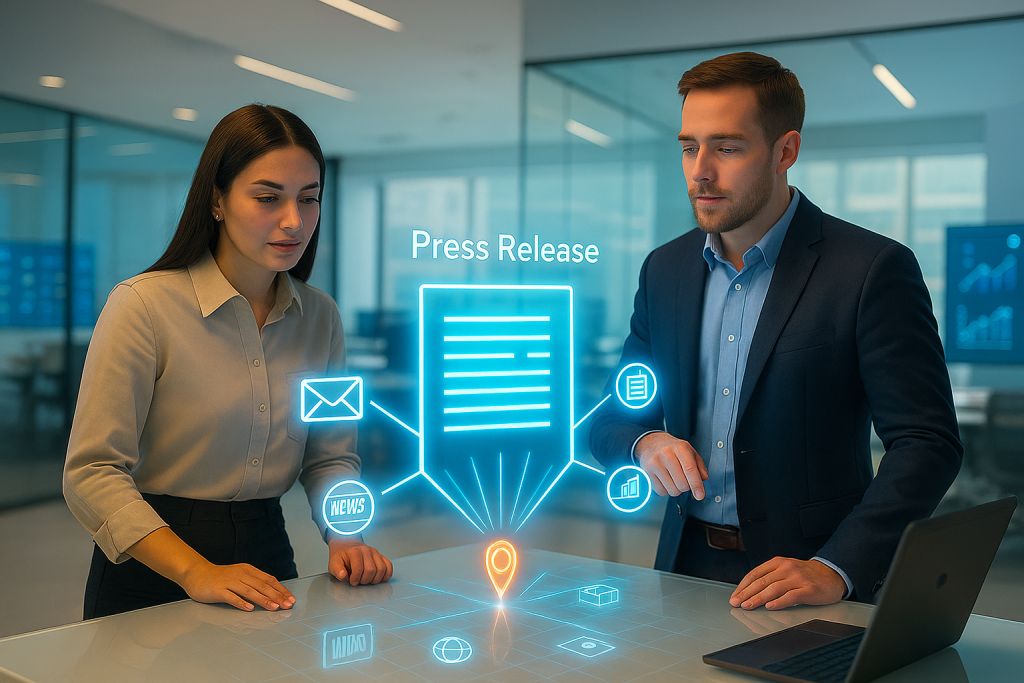 SmartPress B2B Press Release Marketing Visualization Two digital marketing professionals analyze a glowing press release interface in a bright, modern office, highlighting SmartPress distribution channels and visibility tools.
