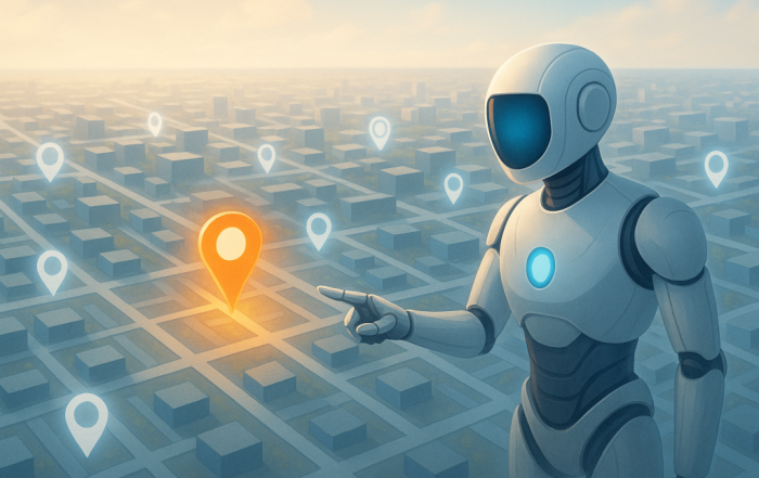 A sleek AI robot points to a glowing location marker on a futuristic digital city map, symbolizing business visibility through AI search optimization.