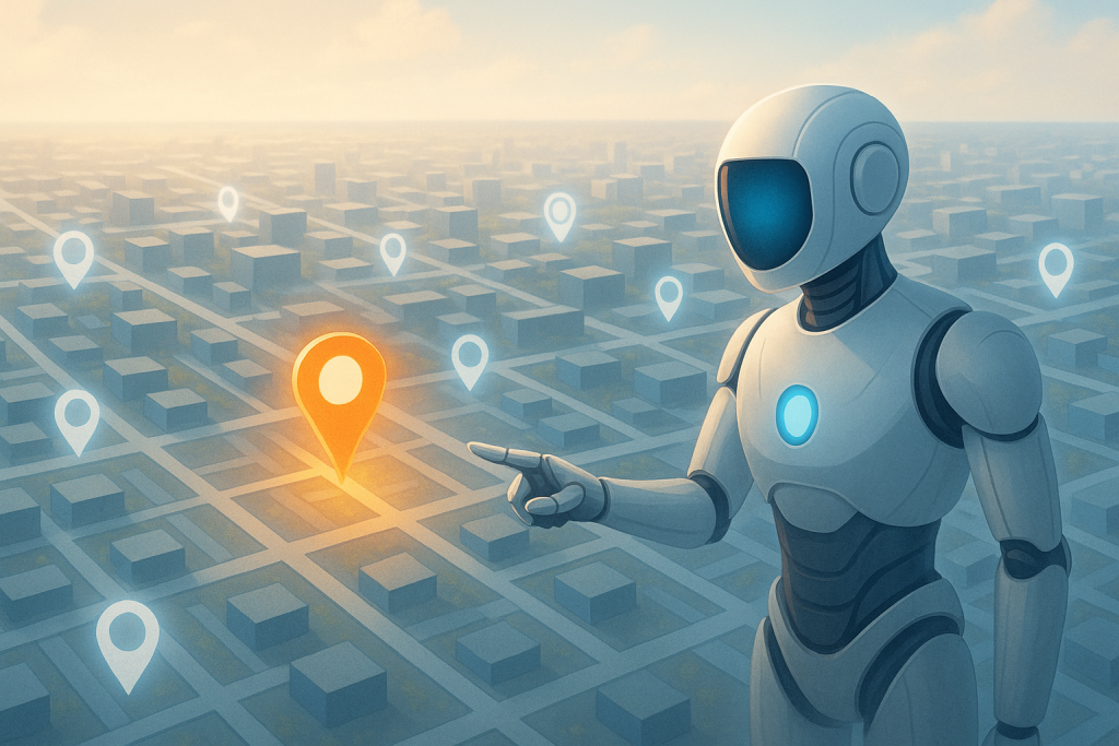 A sleek AI robot points to a glowing location marker on a futuristic digital city map, symbolizing business visibility through AI search optimization.