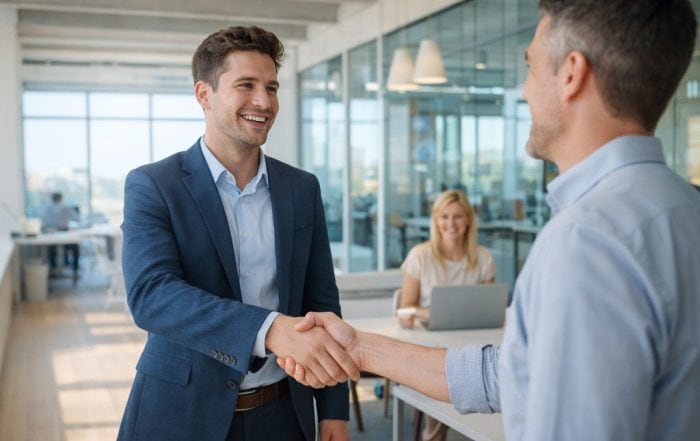 A young marketing leader and a client shake hands in a bright, modern agency office, symbolizing trust, collaboration, and client-driven growth.