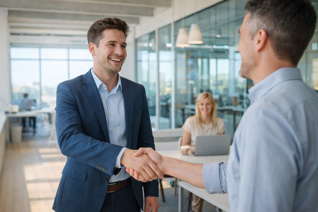 A young marketing leader and a client shake hands in a bright, modern agency office, symbolizing trust, collaboration, and client-driven growth.