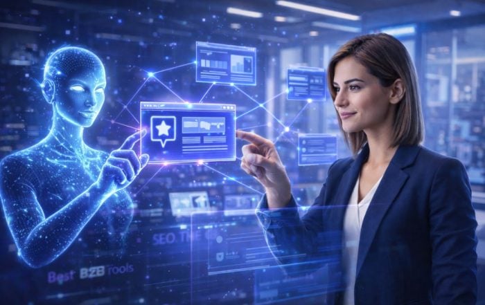 Professional woman and AI avatar analyzing a glowing network of interconnected digital websites in a modern marketing agency