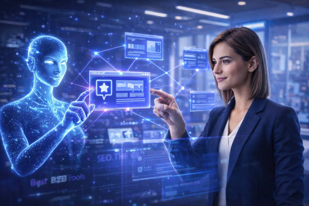 Professional woman and AI avatar analyzing a glowing network of interconnected digital websites in a modern marketing agency