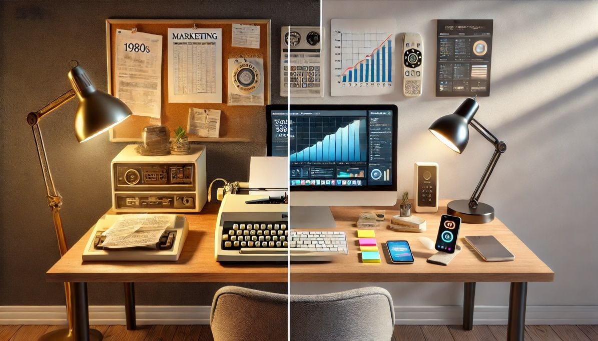 Split-screen image of a desk showing the evolution of marketing tools from the 1980s to the present day, with vintage equipment on the left and modern AI-powered technology on the right.