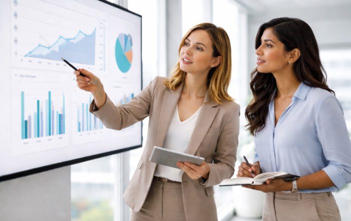 Two female marketing leaders review performance charts on a digital display in a bright, modern office, discussing marketing strategy and ROI.