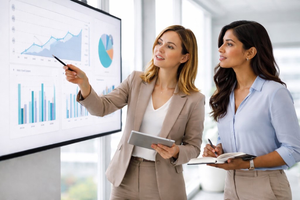 Two female marketing leaders review performance charts on a digital display in a bright, modern office, discussing marketing strategy and ROI.