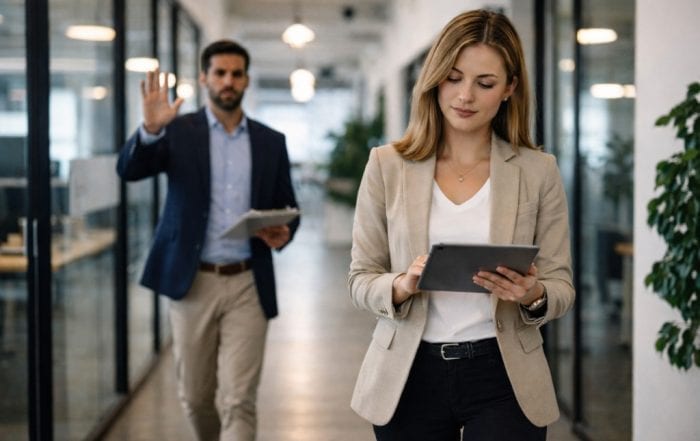 Female marketing leader walking ahead in a modern office hallway while a male colleague behind gestures to wait