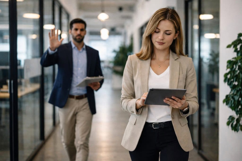 Female marketing leader walking ahead in a modern office hallway while a male colleague behind gestures to wait
