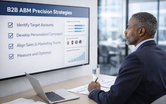 Marketing executive reviews a B2B ABM strategy presentation on a large screen in a modern conference room.
