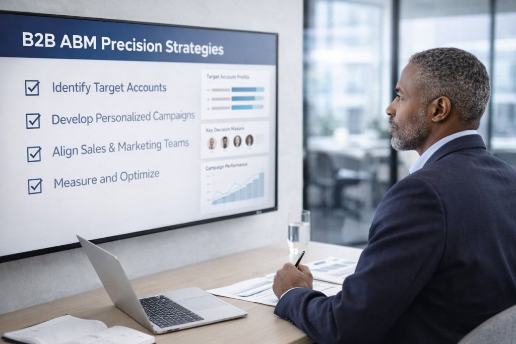 Marketing executive reviews a B2B ABM strategy presentation on a large screen in a modern conference room.