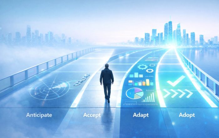 A person walks across a futuristic, illuminated bridge divided into four glowing sections labeled Anticipate, Accept, Adapt, and Adopt, leading toward a bright, modern city skyline.