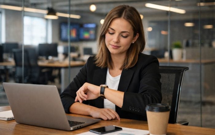 Young marketing professional in a modern open concept office checking her watch while working at a conference table